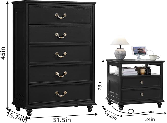 Joaxswe 24" Wide Farmhouse Nightstand with Charging Station Set of 2, 45" Tall Rustic Chests of 5 Drawers w/ 4 Solid Wood Feet, Farmhouse Furniture Series for Living Room,Bedroom,Black