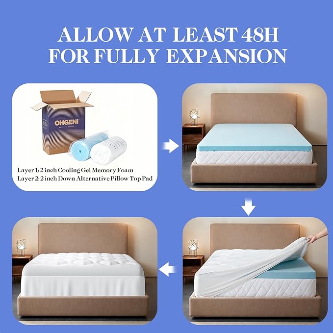 OhGeni Cooling 4 Inch Full Size Dual Layer Mattress Topper, 2 Inch Gel Memory Foam, 2 Inch Soft Pillow Top Pad, Bedroom Essentials Mattresses Cover, Extra Comfortable Sleep and Back Pain Relief