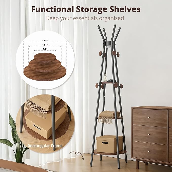young master Coat Rack, Freestanding Coat Rack with 3 Shelves and 12 Hooks, Coat tree with Motion Sensor Light for Entryway, Livingroom, Hall Tree Free Standing for Coats, Scarves, Handbags, Black - Image 5