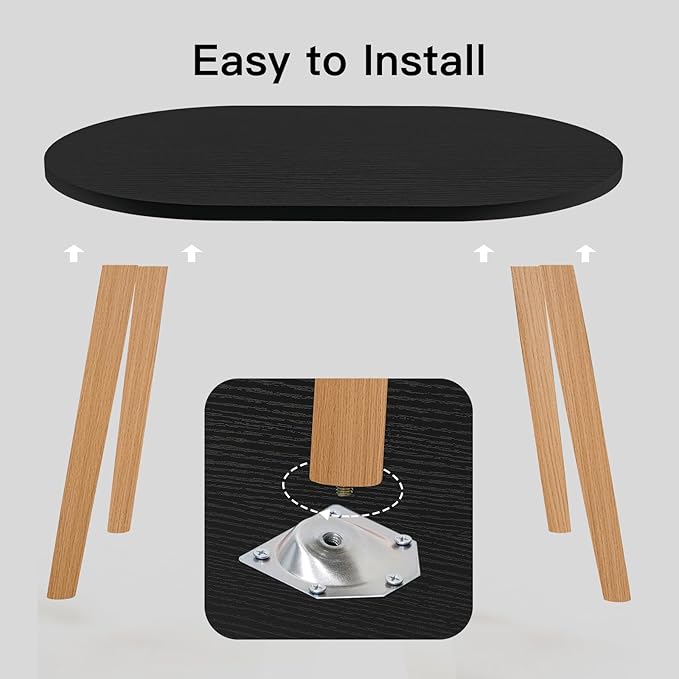 Coffee Table Low Table with 4 Solid Wood Leg, Floor Table Desk for Sitting on The Floor, Small Oval Coffee Table for Small Space, Side Table Japanese Coffee Table for Living Room Apartment Home, Black