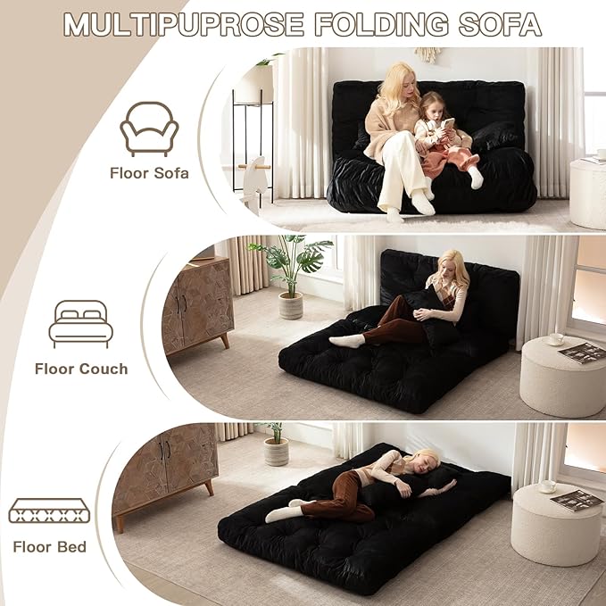 Folding Sofa Bed, Convertible Sleeper Chair with Pillow Foldable Mattress with Back Support, Portable Fold Out Chair Bed Comfy Floor Sofa Lounge for Living Room Bedroom, Black Twin 80x39 Inch