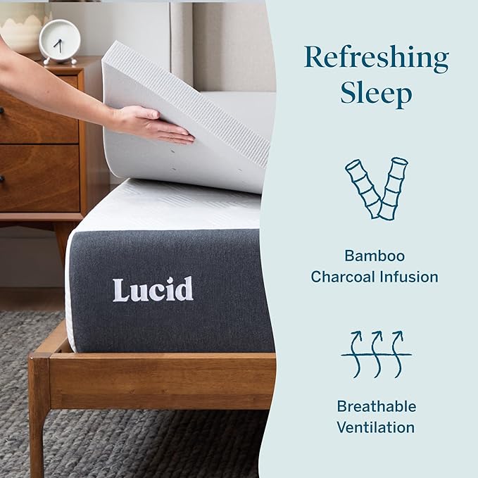 Lucid 3 Inch Bamboo Charcoal Infused Memory Foam Mattress Topper - Full Size – Moisture and Odor Control - Ventilated - Deep Plush Feel, Pressure-Relief Bed Topper – CertiPur Certified
