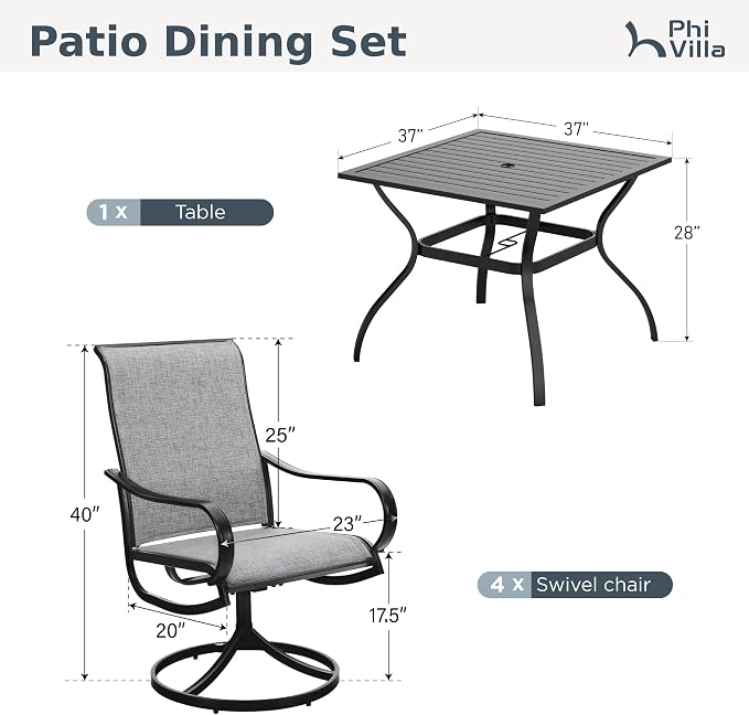 PHI VILLA 5 PCS Patio Dining Set with Outdoor Swivel Dining Chairs (Gray) and 37"x 37" Metal Steel Dining Table, All Weather Patio Dining Furniture Set for Poolside Deck Lawn Garden - Image 8