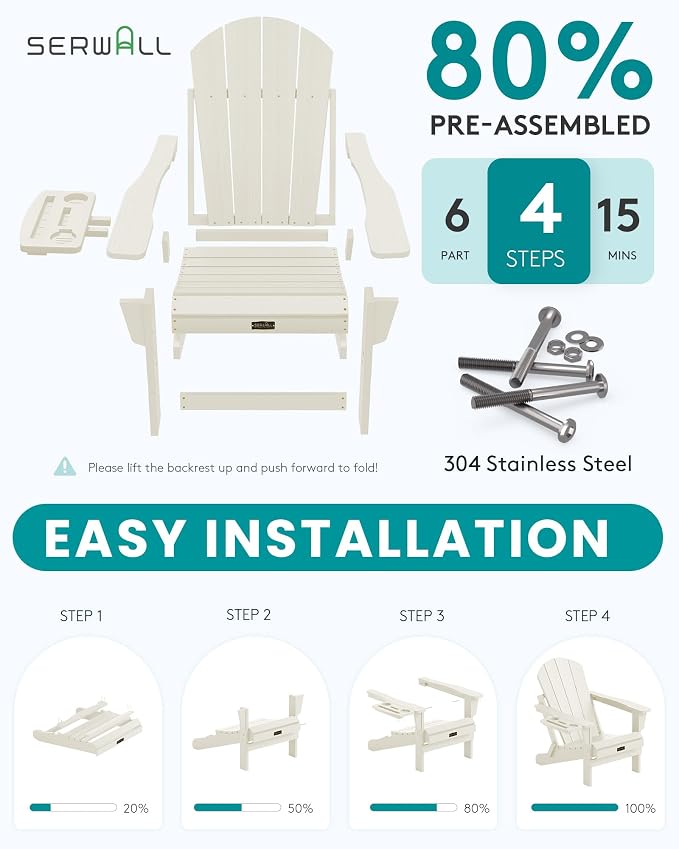 SERWALL Folding Adirondack Chair Set of 2, Adirondack Chairs with 4 in 1 Multi-Functional Cup Holder, All Weather Patio Chair with Wood Texture, Fire Pit Chairs for Outdoor, Garden, Backyard - White - Image 3