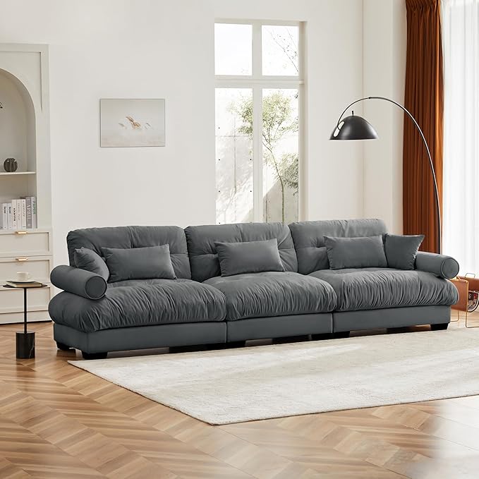 KEIKI 130" Oversized Velvet Modular Sectional Sofa with High-Density Foam Cushions and Bolstered Armrests, Upholstered Modern Style 3-Seater Cloud Couch with 5 Pillow, for Apartment, Living Room, Grey