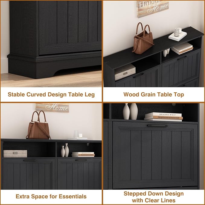Shoe Storage Cabinet with 4 Flip Drawers, Farmhouse Modern Hidden Shoes Rack Cabinet with Adjustable Shelves & Open Storage, Narrow Slim Shoe Organizer for Front Door Entrance, Entryway, Hallway,Black - Image 7