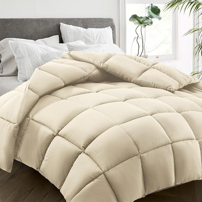 HYLEORY All Season Full Size Bed Comforter - Cooling Down Alternative Quilted Duvet Insert with Corner Tabs - Winter Warm - Machine Washable - Beige