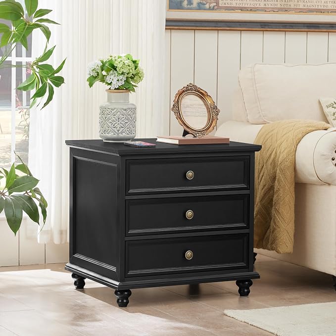 Joaxswe 24" Wide Farmhouse Night Stand Set of 2,Large End Table with 3 Drawers & Metal Handle,Black Wood Dresser for Bedroom,Bed Side Table Chest of Drawers Cabinet,Nightstand for Living Room,Closet - Image 7