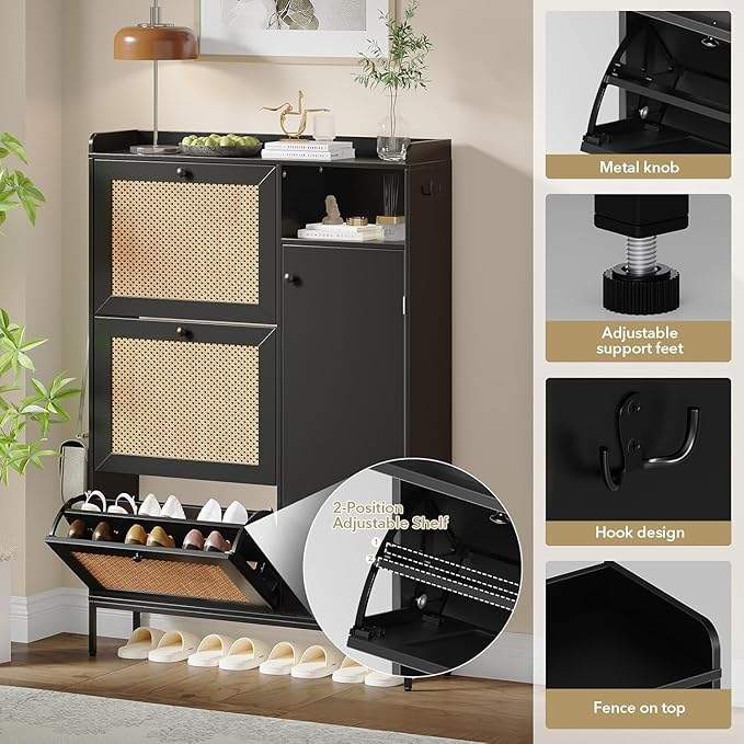 GarveeLife 3-Tier Rattan Shoe Cabinet with Flip Drawers, Adjustable Shelves and Narrow Storage Design, Perfect for Entryways, Hallways, and Bedroom Organization in Wood