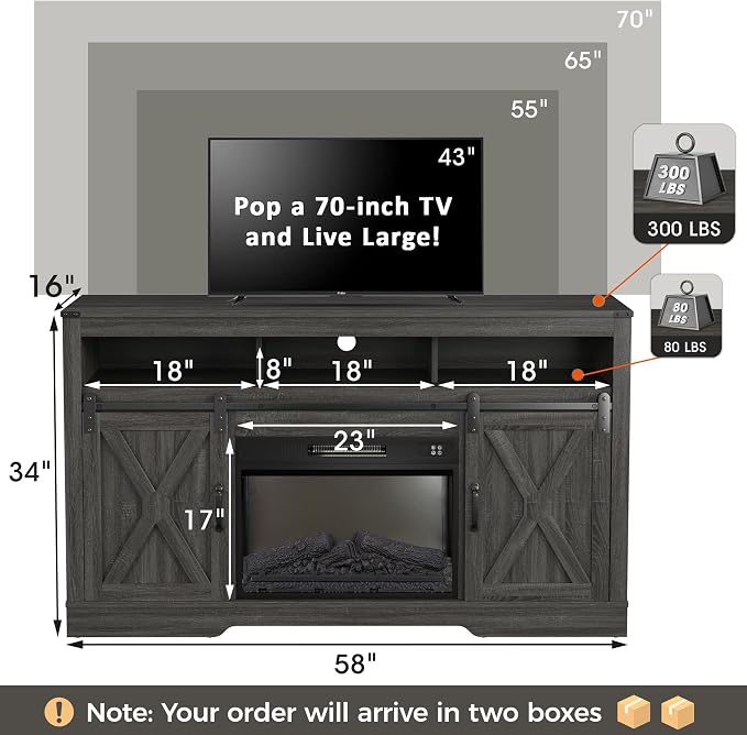 RoyalCraft Fireplace TV Stand for 65+ Inch TV, 34" Tall Farmhouse Entertainment Center with 23" Electric Fireplace,Rustic Media Console with Sliding Bar Door for Living Room, Grey - Image 2