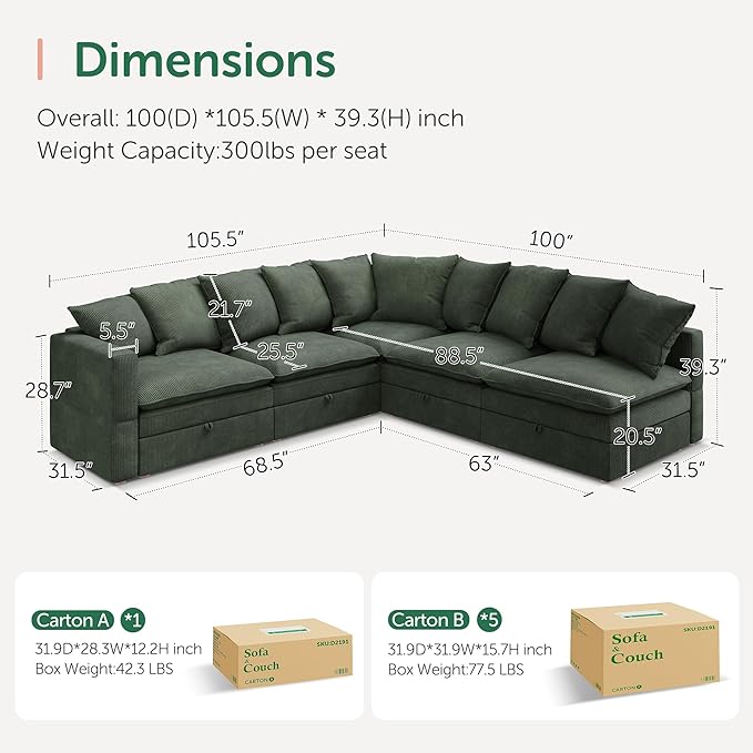HONBAY Modular Sectional Sofa, 5 Seaters Corduroy Sectional Couch, L Shaped Sofa with Storage & Adjustable Backrest, Green