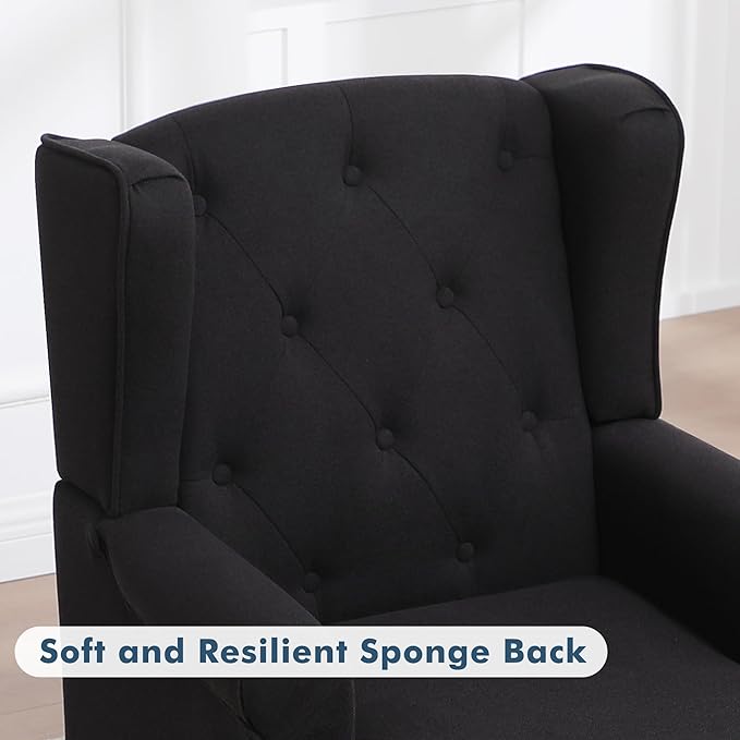 Accent Chair for Living Room, Mid Century Modern Upholstered Armchair, Wingback Chair with Tufted High Back and Solid Legs, Comfy Side Chairs Single Sofa for Bedroom, Black
