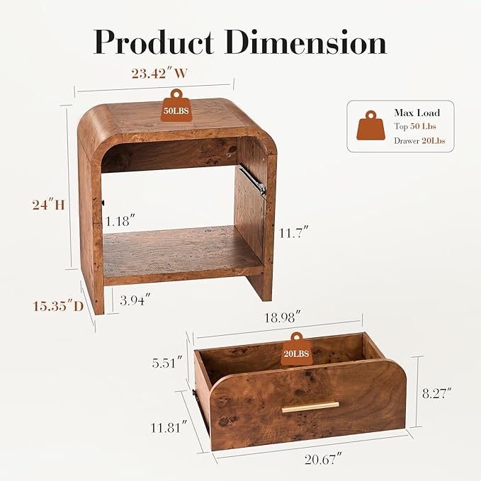 Night Stand Set of 2 [Unique Curved Profile] [FSC-Certified Wooden Board] 1-Drawer and 1 Storage Shelf Nightstand 24" H Metal Handle Modern Bedside Table Side Table End Table - Image 6