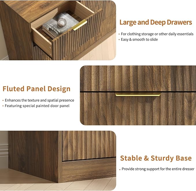 7 Drawer Dresser and Nightstand Sets, 3 Pcs Bedroom Set for Bedroom, Fluted Night Stand Set of 2 & 55" Wide Dresser w/Gold Handles, Mid Century Wood Chest of Drawers Storage Set, Walnut