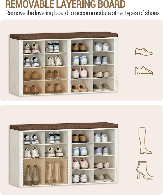 Hzuaneri Shoe Bench with Cushion, Entryway Storage Bench with 16 Cubbies, Cubby Shoe Rack with Adjustable Shelves, Shoe Organizer Cabinet for Living Room, Bedroom, Entryway, Rustic White SB25614KA - Image 5