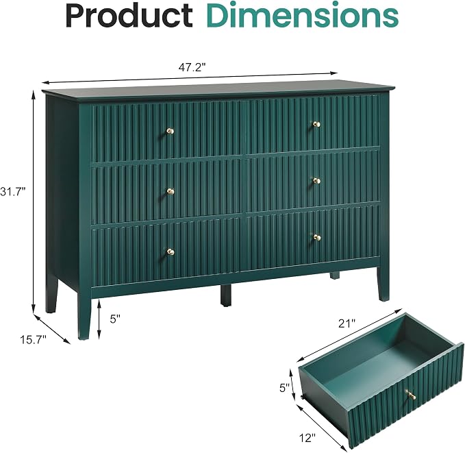 RoyalCraft 6 Drawer Dresser, Fluted Modern Wood Chest of Drawers, Long Dresser for Bedroom TV Stand Storage Cabinet for Living Room, Green - Image 2