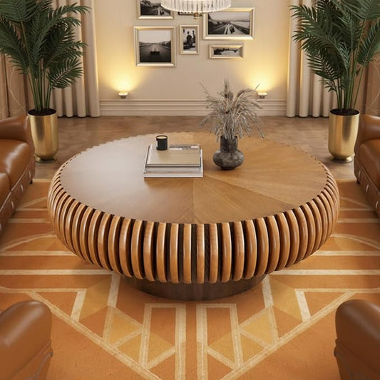 Fluted Drum Coffee Table Round Coffee Table for Living Room Mid Century Modern Coffee Tables with Sturdy Pedestal Circle Center Tea Table Accent Tea Table for Small Space Apartment (31.5" Brown)