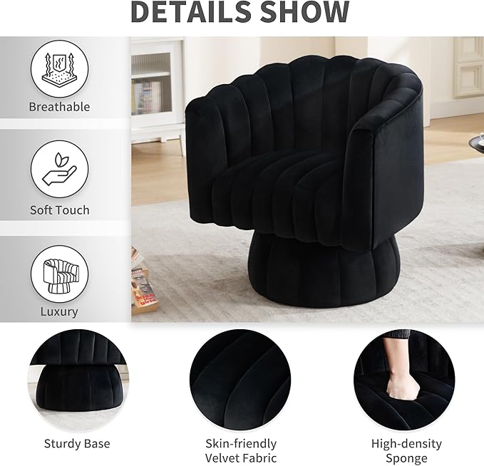 Swivel Accent Barrel Round Chair - Comfy 360° Arm Chairs Cute Small Sofa Club Velvet Reading Chair for Living Room Bedroom Office - Black