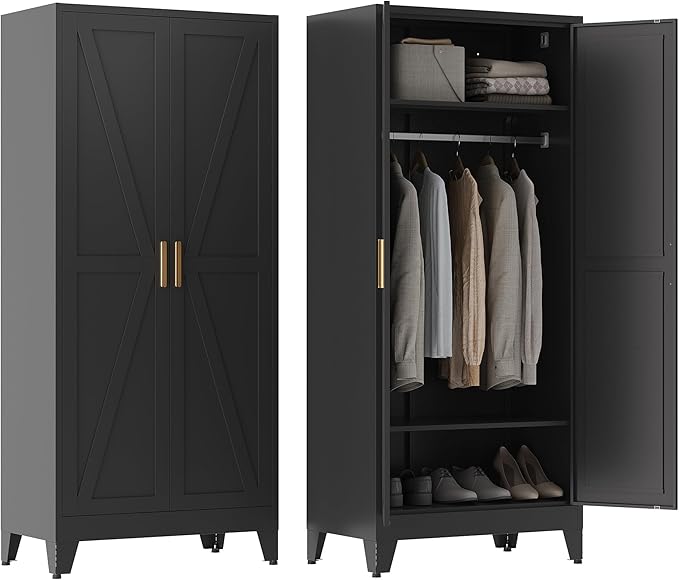 71" Tall Metal Armoire Wardrobe Closet, Clothing Storage Cabinet, Freestanding Wardrobe Cabinet with 2 Adjustable Shelves for Bedroom, Office, Garage