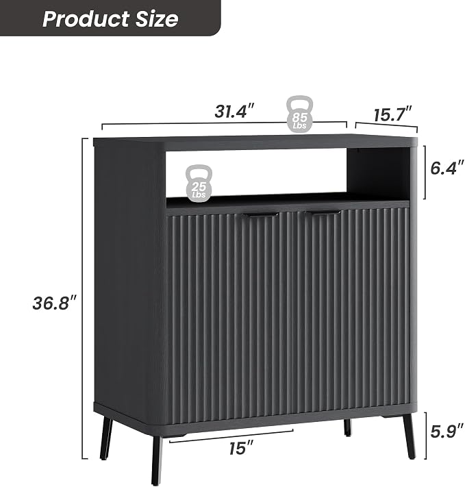 Fatmok Fluted Buffet Cabinet with Storage, 31.4" Wide Wood Sideboard Credenza with 2 Doors & Open Storage Shelf, Modern Coffee Bar Table for Living Room Kitchen Dining Room,Black Grey - Image 2