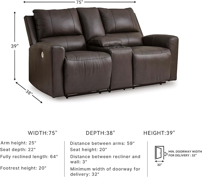 Signature Design by Ashley Boxmere Modern Leather Match Power Reclining Loveseat with Console and USB Ports, Dark Brown