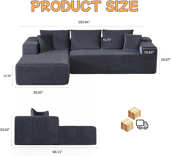 L-Shape Cloud Sectional Sofa, 104” Modern Modular Boneless Couch with Right Chaise Lounge, Compressed Floor Sofa with 5 Pillows & Deep Seat, Flannel Velvet Couch for Living Room, Dark Gray