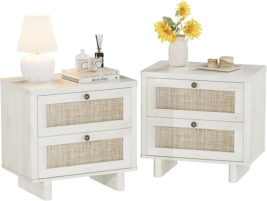 LAZZO Nightstands Set of 2 Large Night Stands 23.6" Wide Bedside Table Set of 2 with 2 Rattan Drawers and Bronze Ring Handles for Bedroom White Oak by LAZZO