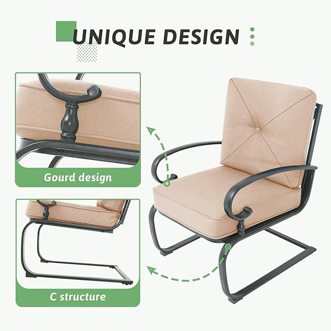 SOLAURA 4-Piece Outdoor Furniture Patio Conversation Sets Swing Glider Loveseat and Spring Lounge Chairs with Side Table for Garden, Deck, Balcony, Poolside, Lawns (Brown)