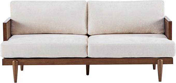 Merax 72" Spacious 2-Seater Sofa Couch with Armrests, Cane Rattan Wooden Frame Loveseat Sofa for Living Rooms, Bedrooms, Apartment, Office (Walnut+Beige)