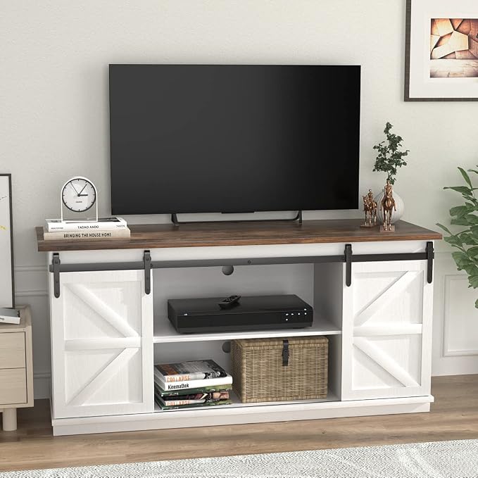 JUMMICO TV Stand for 65 Inch TV, Entertainment Center with Storage Cabinets and Sliding Barn Doors, Mid Century Modern Media TV Console Table for Living Room Bedroom (Bright White) - Image 8