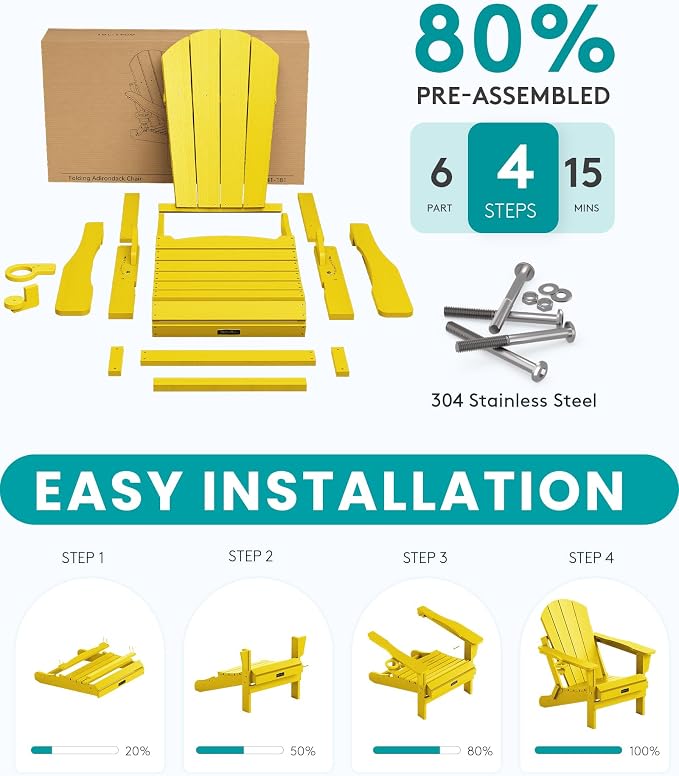 SERWALL Folding Adirondack Chair Outdoor Adirondack Chairs with Cup Holder, Weather Resistant Fire Pit Chairs for Patio - Yellow - Image 3