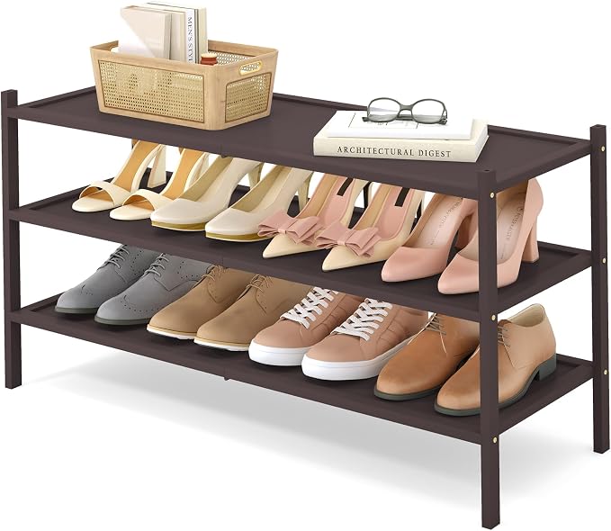 Smiry Bamboo Long Shoe Rack, 3 Tier Shoe Organizer for Entryway & Closet, Stackable Free Standing Storage Shelf for Shoes, Bags & Plants, Brown by Smiry