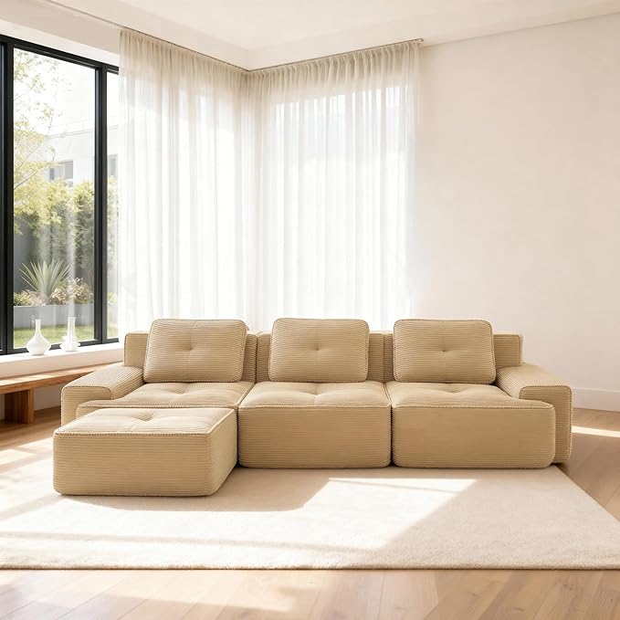 Casaphoria 115'' Boneless Sofa with Ottoman, 3-Seater Modular Couch with 3 Pillows for Living Room, L Shape Cloud Sectional Sofa, No Assembly, Camel