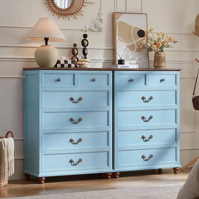 Joaxswe Farmhouse 6 Drawer Dresser for Bedroom, 42" Tall Rustic Chests of Drawers w/ 4 Solid Wood Feet, Mid Century Modern Wooden Closet Storage Dressers Organizer for Living Room, Hallway,Light Blue - Image 3