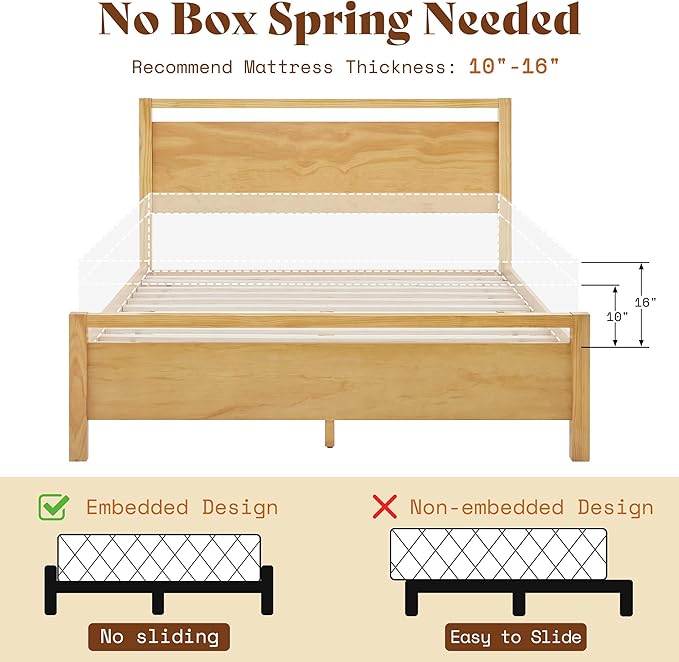 AMERLIFE 3 Pieces Solid Wood Bedroom Set, Queen Platform Bed Frame with Headboard and Fully Assembled Nightstand Set of 2 with Storage Drawer, Modern Bedroom Furniture Set, Natural