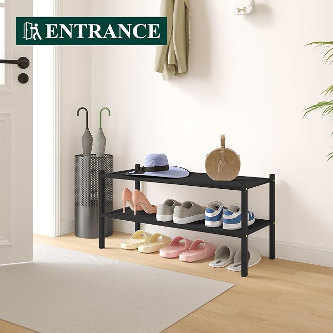Smiry Bamboo Shoe Rack, 2 Tier Shoe Organizer for Entryway & Closet, Stackable Free Standing Storage Shelf for Shoes, Bags & Plants, Black - Image 6