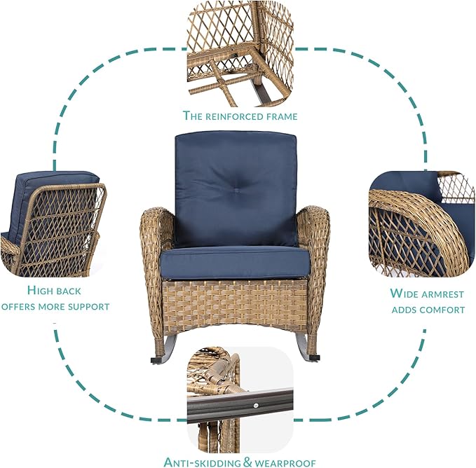 Meetwarm 5-Piece Outdoor Patio Conversation Set with Glider Loveseat & Rocking Chairs, Glass-Top Coffee Table - Navy Blue