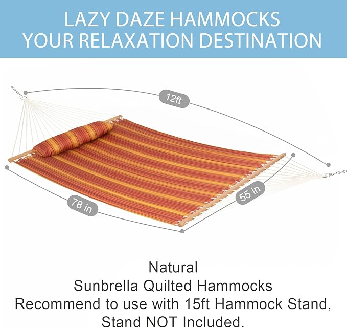 Lazy Daze Hammocks 12FT Quilted Hammock Double 2 Person Hammock with Spreader Bar and Pillow for Outside Outdoor Patio Backyard QFH12 - Image 4