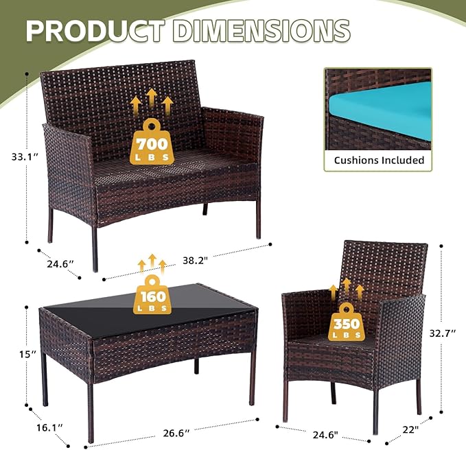 Patio Furniture Set 4 Pieces, Outdoor Rattan Furniture with Tempered Glass Coffee Table, Modern Rattan Patio Chairs Conversation Sets with Sofa for Garden, Terrace, Porch, Lawns Brown/Blue