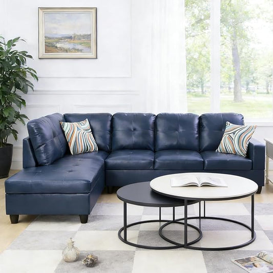 103.5 Inch Modern L-Shaped Couch, Faux Leather Sectional Sofa with Chaise Lounge, 4-Seater Couch with Accent Pillows for Living Room, Apartment, Blue