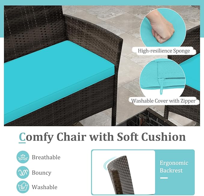 KOTEK 4 Piece Patio Furniture Set, Outdoor Rattan Conversation Set with Loveseat, Wicker Chairs, Tempered Glass Coffee Table, Wicker Patio Set for Backyard, Porch (Turquoise)