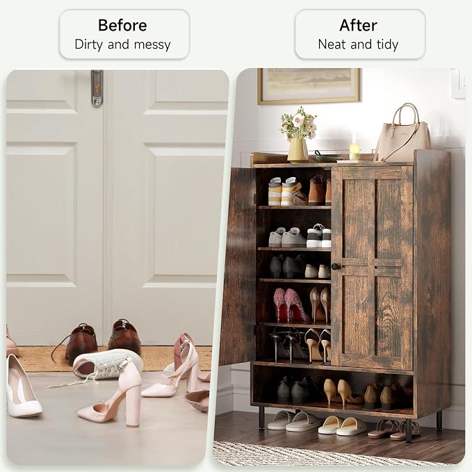 ONBRILL Shoe Storage Cabinet with Cross Molding Doors, 6-Tier Shoe Cabinet with 3 Adjustable Shelves and Metal Legs, 45 Inch Tall Shoes Rack Organizer for Entryway, Front Door, Rustic Brown - Image 6