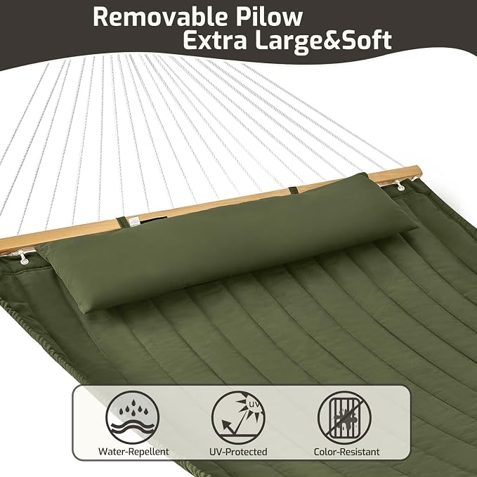 CHULIM Double Quilted Fabric Hammock with Hardwood Spreader Bars and Pillow 450 LBS Capacity 2 Person Large Hammock for Outdoor Patio Backyard Poolside - Green - Image 4