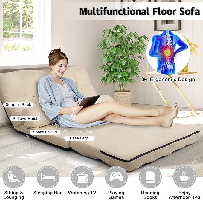 KOMFOTT Adjustable Floor Sofa Bed, Foldable Lazy Sofa Sleeper with 6 Position Backrest & 2 Pillows, Convertible Futon Couch with Suede Cloth Cover, Lounge Recliner for Living Room