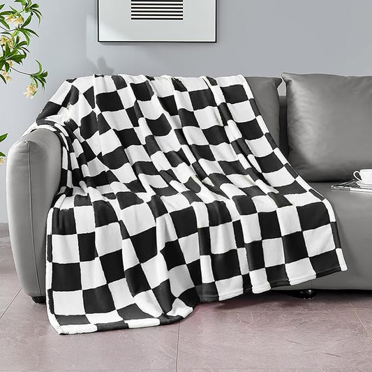 Edenleaf Black Checkered Blanket, Soft Cozy Fleece Checkered Throw Blankets for Bed Sofa Couch Camping, Ultra Fluffy Throws for All Seasons, 50x60 Inch, Black