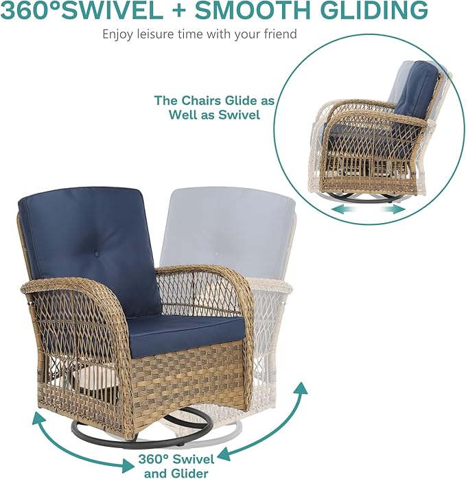 MEETWARM 3 Pieces Outdoor Wicker Swivel Rocker Patio Set, Rocking Chairs Rattan Patio Furniture Sets with Thickened Cushion and Glass-Top Coffee Table, Conversation Bistro Set for Porch (Navy Blue)