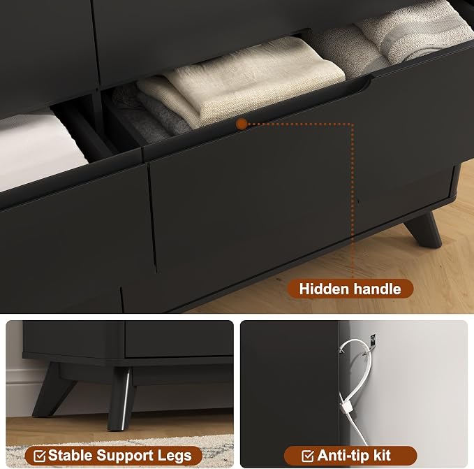 Dresser for Bedroom with 8 Drawers, 55" Large Dresser & Chest of Drawers with Charging Station, Wood Closet Clothes Storage Tall Dressers Organizer for Bedroom Living Room Hallway (Black) - Image 6