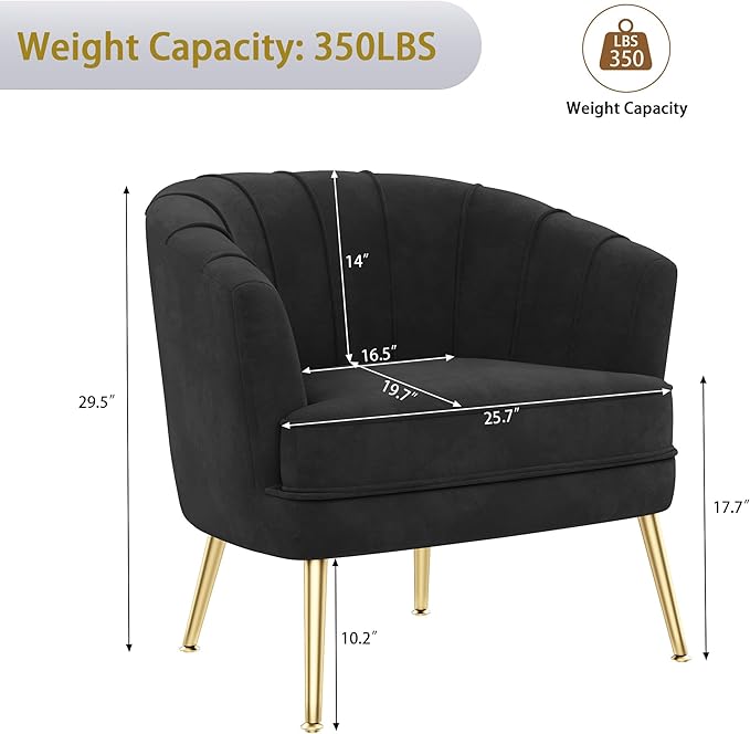 Andeworld Velvet Accent Chair, Upholstered Modern Single Sofa Side Chair,Comfy Barrel Club Living Room Armchair with Golden Metal Legs for Bedroom Living Reading Room Office, Black