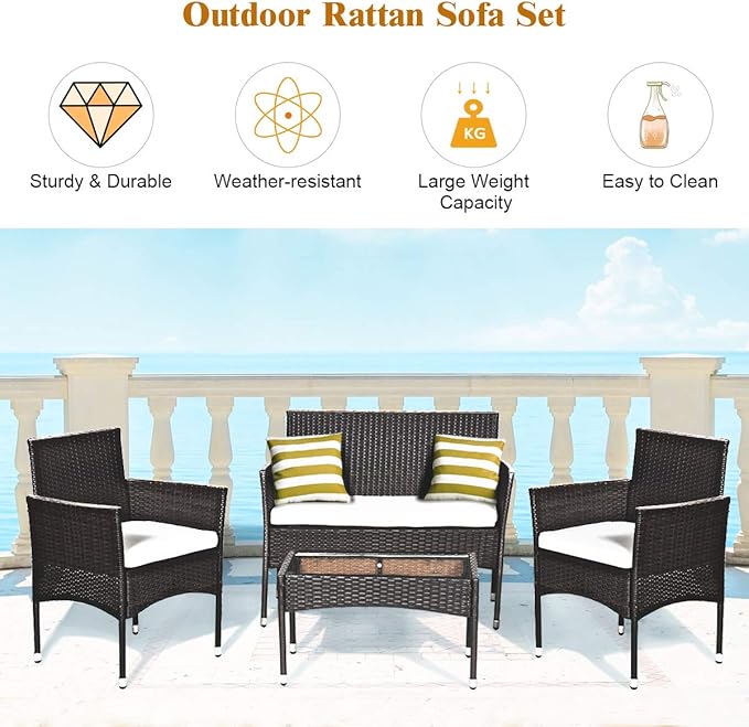 Tangkula 4 PCS Patio Outdoor Conversation Set with Glass Coffee Table, Loveseat & 2 Cushioned Chairs, Garden Lawn Rattan Wicker Patio Chat Set, Outdoor Furniture Set (Brown)