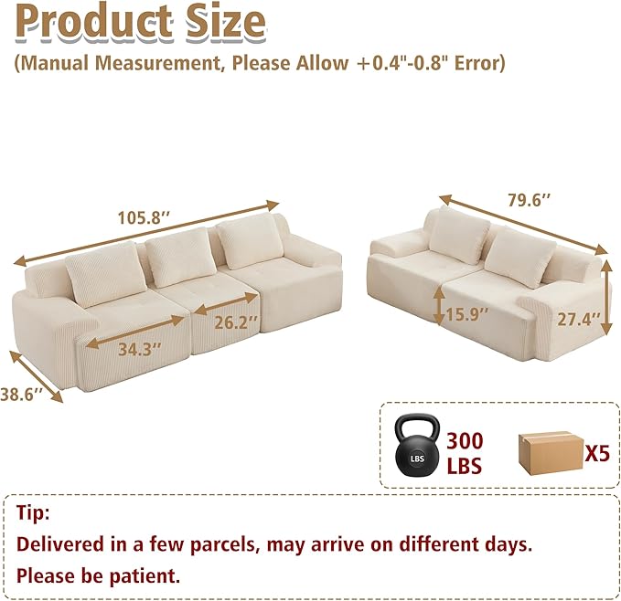 KIGOTY Modular Sectional Sofa Set, 5 Pcs Comfy Cloud Sectional Couch with Deep Seat, Modern Boneless Couch for Living Room, No Assembly Required,White
